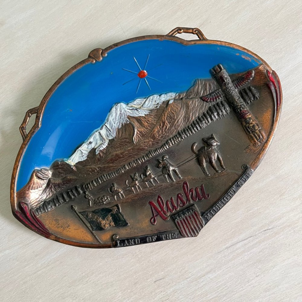 Vintage Alaska metal tray | Dog sled, flag, and totem
